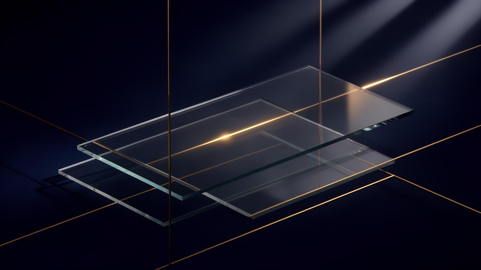 Layered glass panels with gold light rays